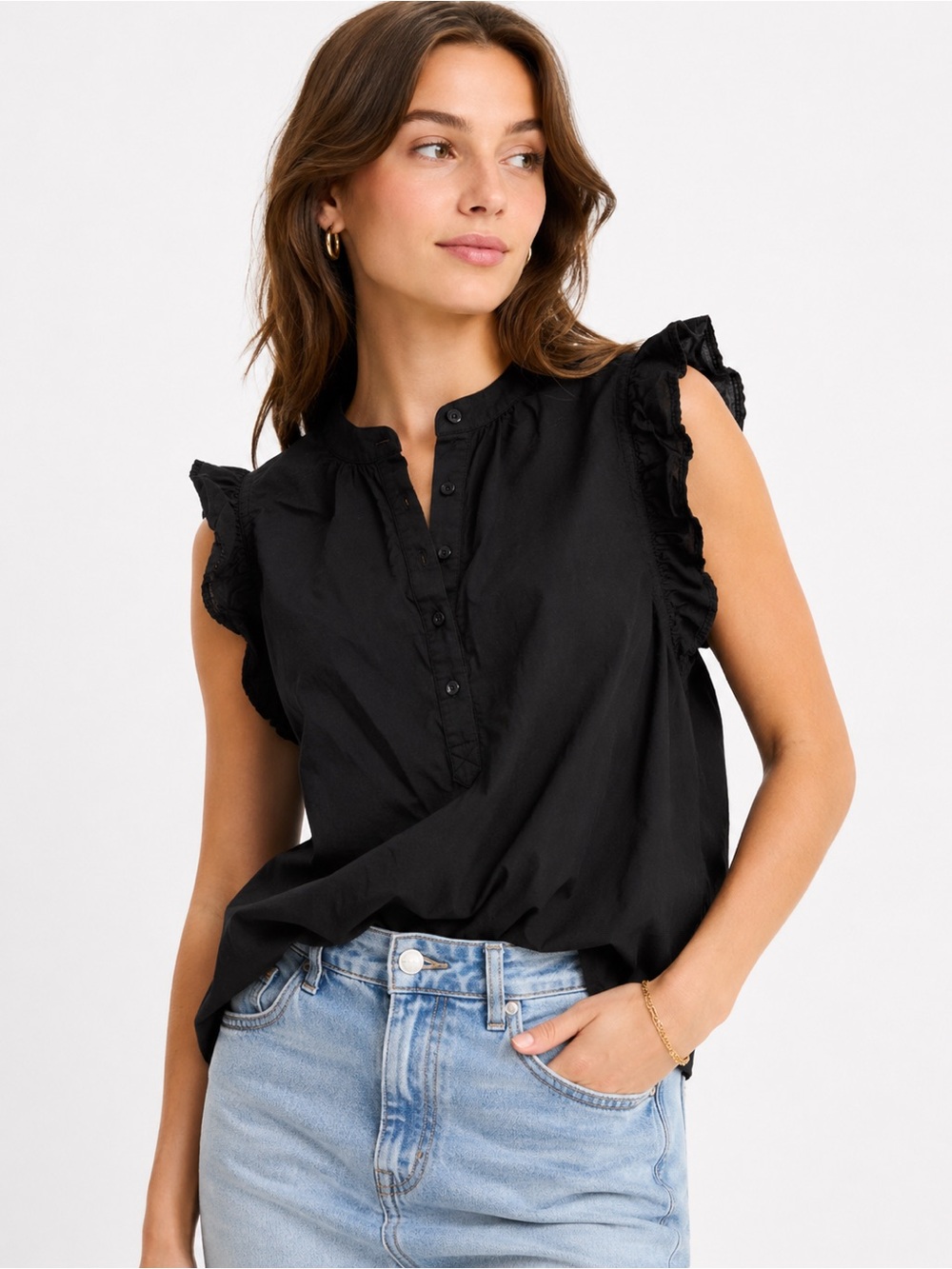Black Ruffle Sleeve Sleeveless Top - Women